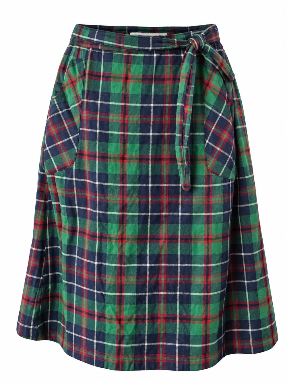 Vintage wool Tartan Plaid Wrap Skirt Green Navy Red Tie Waist- LG. Has pockets